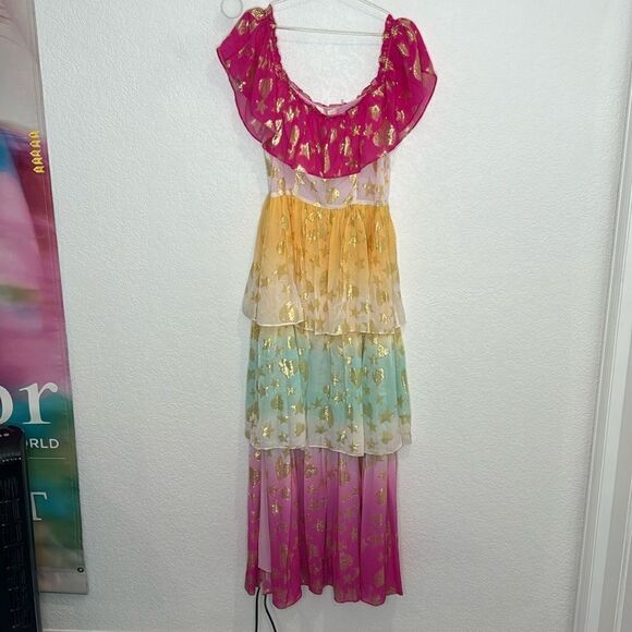 NWT LoveShackFancy VYNNE Maxi off shoulder DRESS SURFER FUSCHIA LIGHT Size: 8 - Picture 2 of 16